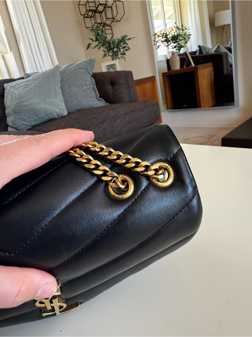 YSL SAINT LAURENT Calfskin Y Quilted Monogram Small Loulou Chain Satchel Black - Picture 8 of 14